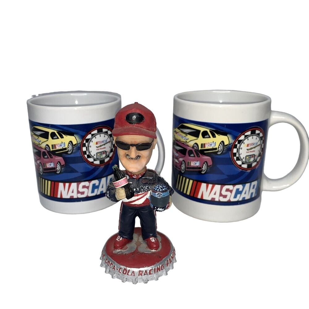 NASCAR MUG COFFEE CUP SHERWOOD COLLECTIBLE 2004 SET OF 2 & DALE JARRET FIGURE